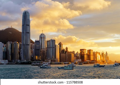 Skyline Of Hong Kong At Sunset.