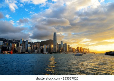 Skyline Of Hong Kong At Sunset.