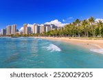 Skyline of Honolulu, Hawaii and the surrounding area including the hotels and buildings on Waikiki Beach.