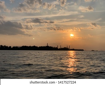 Skyline With Industrial Plant Towers From Tennessee River In Decatur, AL