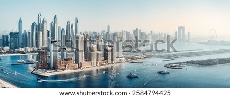 the skyline of jumeirah beach in the evening sun, dubai