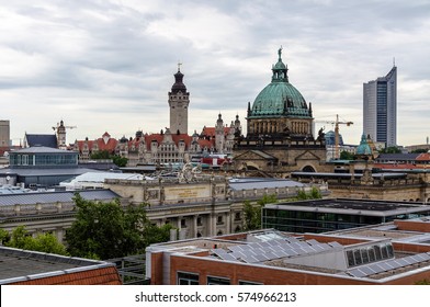 Skyline of Leipzig with townhall and High court