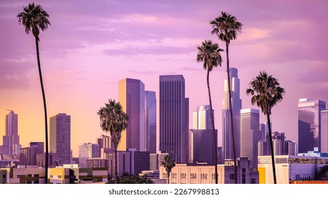 the skyline of los angeles during sunset - Shutterstock ID 2267998813