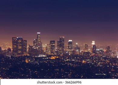 skyline of Los Angeles at night, USA.