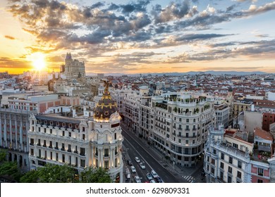 The Skyline Of Madrid, Spain, During Sunset