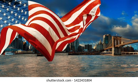 Skyline manhattan downtown and american flag flying the view New York city - Powered by Shutterstock