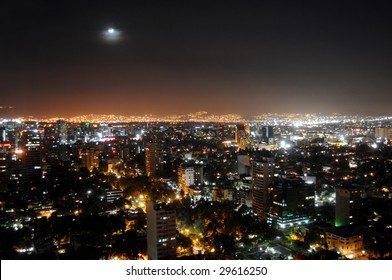 Skyline Of Mexico City At Night, Shot From Colonio Polanco District Towards Northwest. The Sky Is Unusually Clear And Free Of Smog.