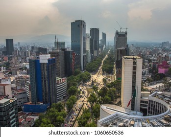 Skyline In Mexico City, View From The Rooftop Building. Paseo De La Reforma Panoramic View