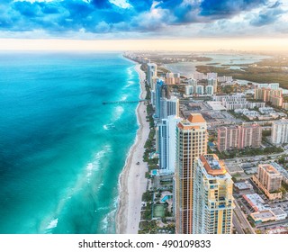 Skyline Of Miami Beach, Overhead View At Dusk.