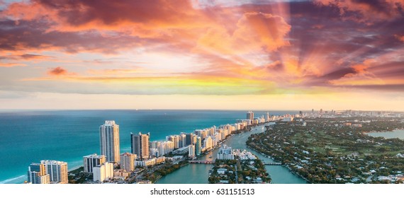 Skyline Of Miami Beach, Overhead View At Dusk.