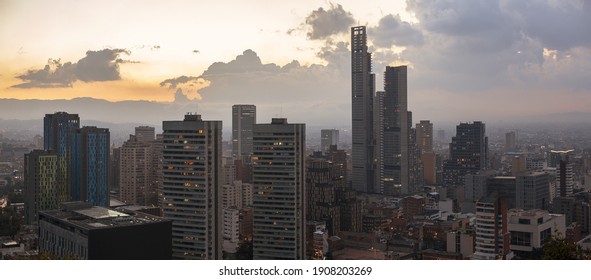 The Skyline Of Modern Buildings In Bogota, Columbia During Sunset