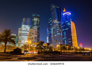The skyline of the modern and high-rising city of Doha in Qatar, Middle East. - Doha's Corniche in West Bay, Doha, Qatar - Shutterstock ID 1036439974
