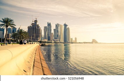 The skyline of the modern and high-rising city of Doha in Qatar, Middle East