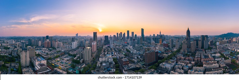 Skyline of Nanjing City at Sunset in China. Skyscrapers in Urban Area.