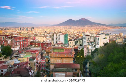 Skyline Of Naples In Sunset Light. Italy