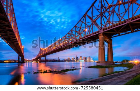 Skyline of New Orleans with Mississippi River at Dusk