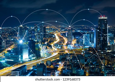 Skyline At Night, Network Connection concept - Wireless Communication Networ