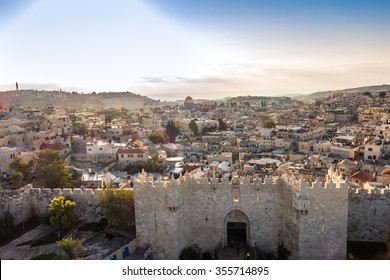 Skyline of the Old City in Jerusalem with Damascus Gate, Israel. Middle east