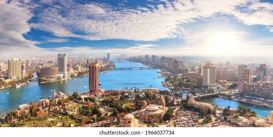 Skyline Over The Nile In Cairo, Aerial View, Egypt