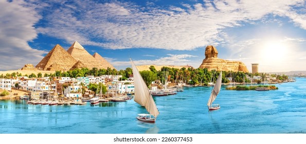Skyline panorama of Aswan city on the way to the Great Sphinx and Pyramids of Egypt