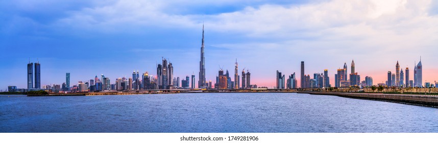 Skyline panorama of Dubai at sunset