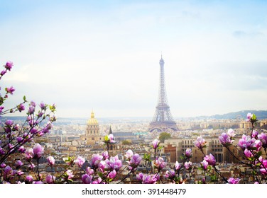 Skyline Of Paris City Roofs With Eiffel Tower At Spring Day With Tree Bloom, Paris, France, Retro Toned