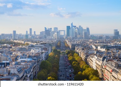 skyline of Paris city  towards La Defense district, France