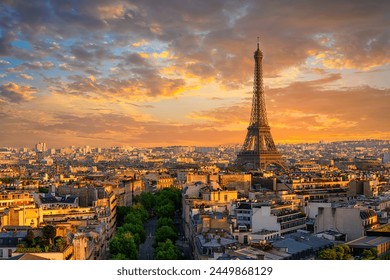 Skyline of Paris with Eiffel Tower in Paris, France. Panoramic sunset view of Paris