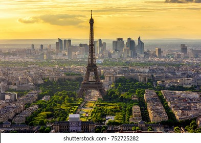 Skyline of Paris with Eiffel Tower at sunset in Paris, France. Eiffel Tower is one of the most iconic landmarks of Paris. Postcard of Paris