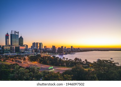Skyline Of Perth Cbd At Dawn In Western Australia, Australia