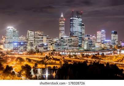 Skyline of Perth from Kings Park with a view of John Oldany Park at night. - Powered by Shutterstock