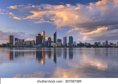 The skyline of Perth, Western Australia at sunset. Photographed from across the Swan River.