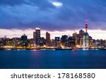 Skyline photo of the biggest city in the New Zealand, Auckland. The photo was taken after sunset across the bay