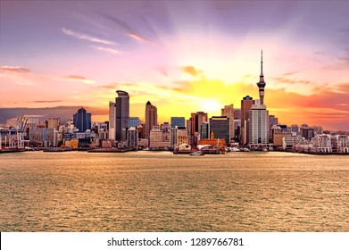 Skyline photo of the biggest city in the New Zealand, Auckland. The photo was taken during the golden sunset across the bay