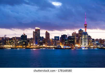 Skyline photo of the biggest city in the New Zealand, Auckland. The photo was taken after sunset across the bay