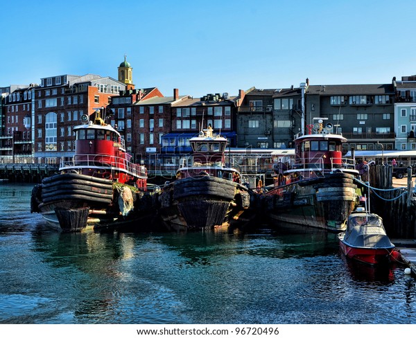 Skyline Portsmouth New Hampshire Tugboats Foreground Stock Photo (Edit ...