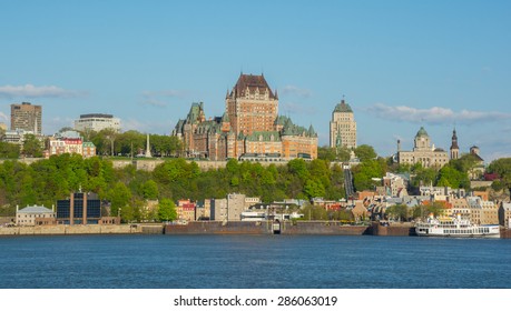 Skyline of Quebec city (a UNESCO World Heritage site) shot from saint Lawrence river including the Citadel and Chateau Frontenac a historic hotel and landmark in Canada.