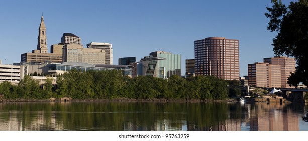 A Skyline And Riverfront View Of Hartford CT During Summer