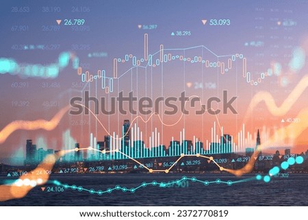 Skyline of San Francisco Panorama city view at Illuminated sunset from Treasure Island, California, S. Forex candlestick graph, charts hologram. The concept of internet trading, brokerage, analysis