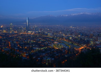 The Skyline Of Santiago De Chile By Seen From The San Cristobal Hill By Night. 