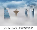 Skyline of Saudi Arabia, Riyadh, Jeddah, Dammam emerging from fog in a bustling city during morning hours