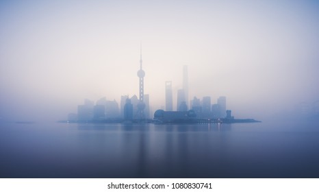 Skyline Of Shanghai In China During A Polluted And Foggy Morning , Smog ,