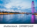 Skyline of south bank of the river Thames at dawn in London, England