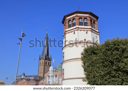 Skyline with St. Lambert Church and Old Castle Tower in Dusseldorf, Germany.