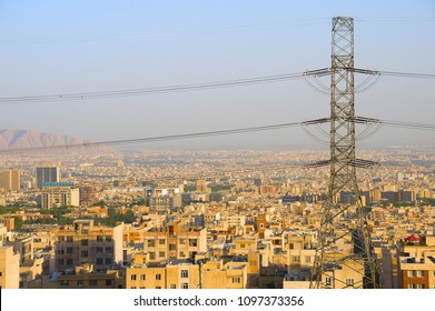 Skyline Of Tehran With Electric Post In The Foreground. Iran