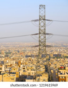 Skyline Of Tehran With Electric Post In The Foreground. Iran