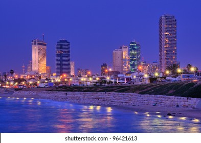 Skyline of Tel Aviv, Israel along the Mediterranean coast.