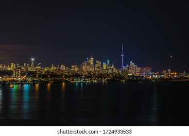 Skyline Of Toronto Over Ontario Lake At The Night Time.