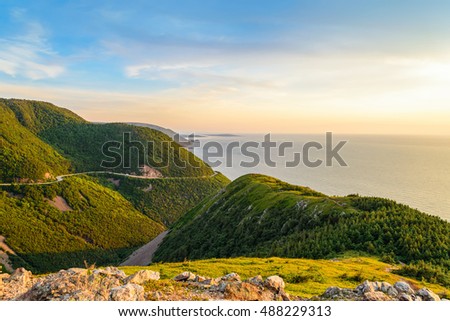 Skyline Trail look-off at sunset (French Mountain, Cape Breton, Nova Scotia, Canada)