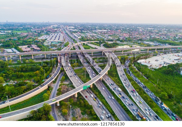 Skyline Transport city junction road aerial view\
with vehicle movement